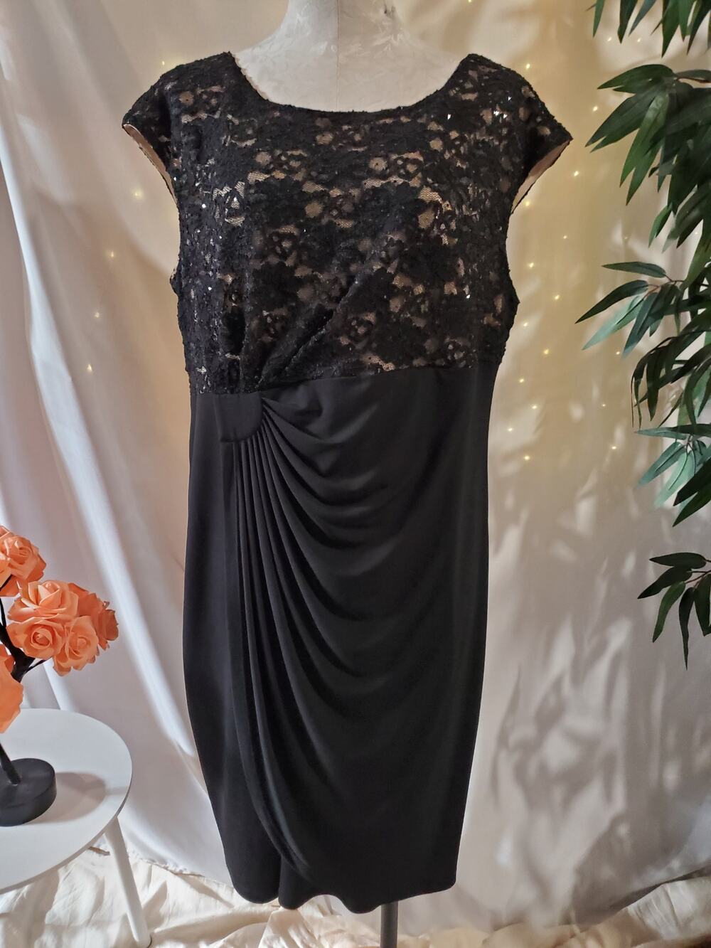Vtg Y2K Connected Apparel Draped Babydoll Faux Wrap Lace Sparkle Dress Size 14W